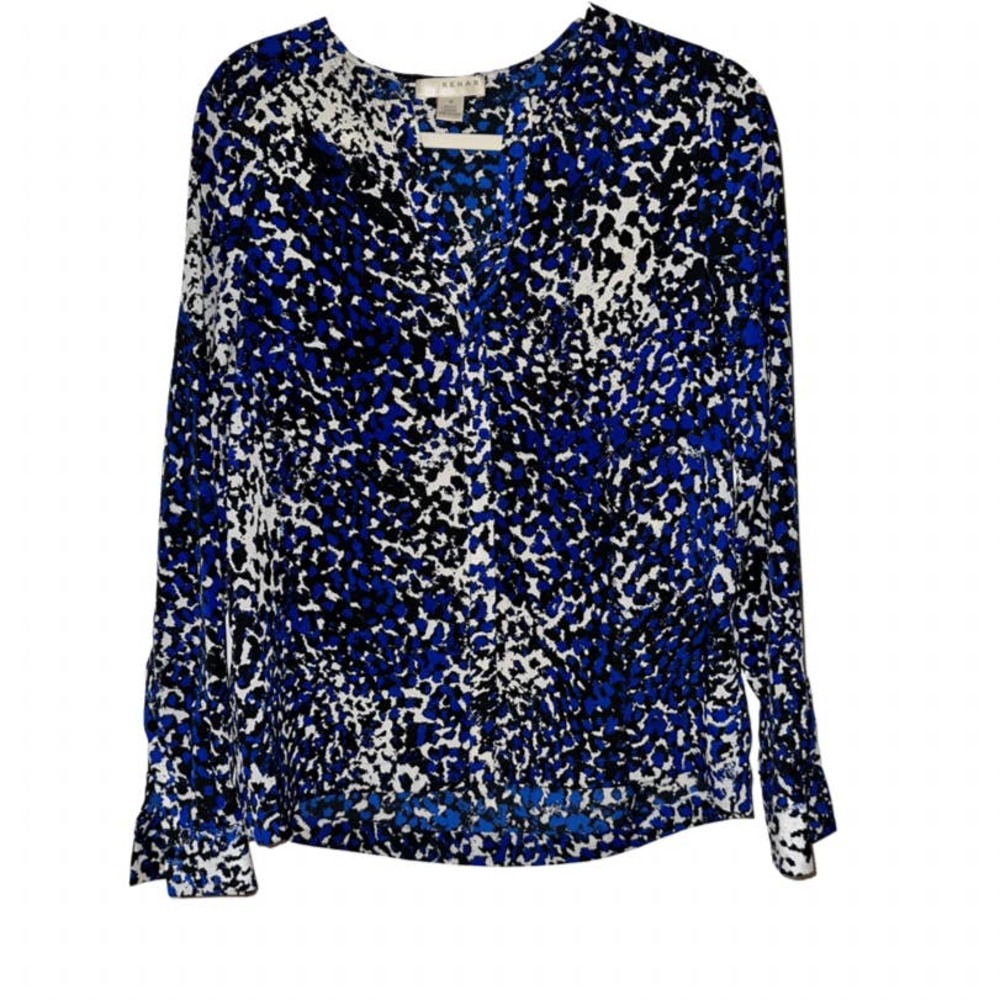 KENAR BLUE BLACK WHITE ALL OVER PRINT BUTTON UP BLOUSE MEDIUM